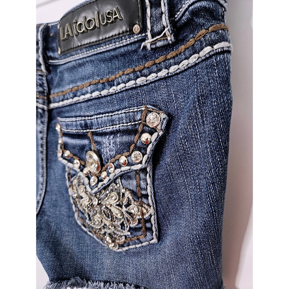 LA Idol USA Rhinestone‎ Denim Shorts Blue Jean S Distressed Bling Y2K McBling